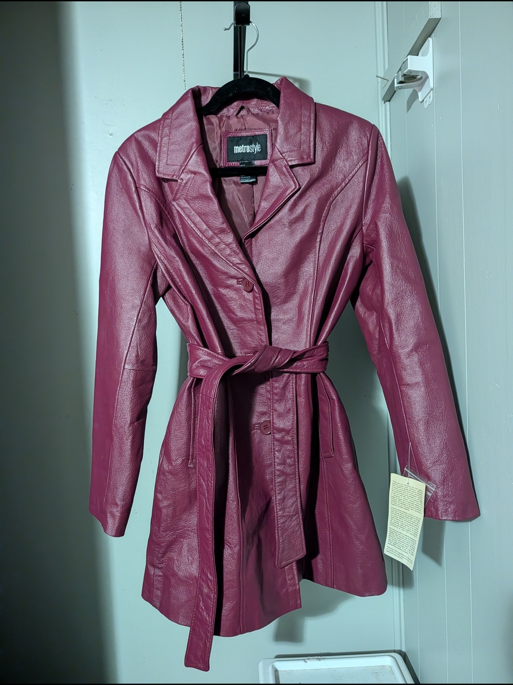 Vintage NWT Women's 100% Genuine Leather Belted Trench Jacket - Plum